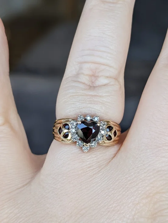 Antique 10K Gold Heart Cut Garnet Ring with Diamond Halo - Picture 8 of 14